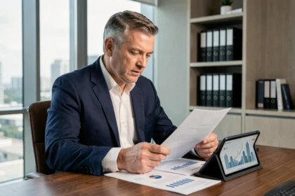 Un investisseur examine des documents financiers liés au rendement des SCPI dans un bureau bancaire moderne