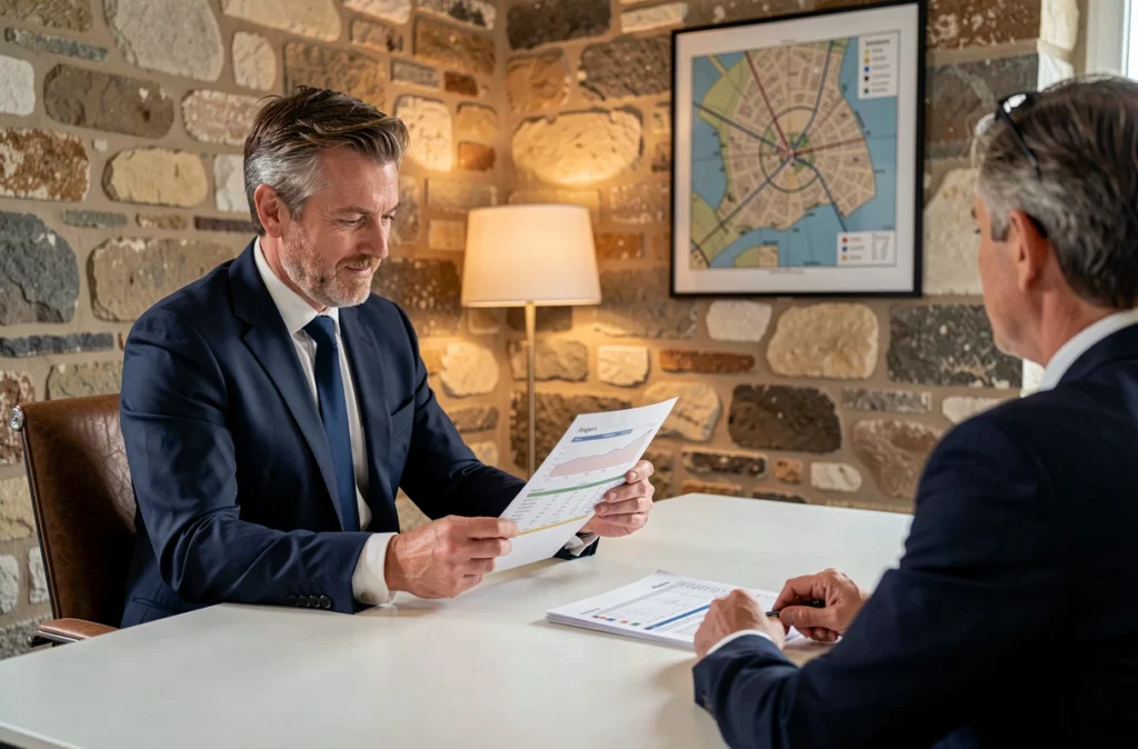Conseiller financier de Laplace Angers présentant un bilan patrimonial à un client dans un bureau d'Angers