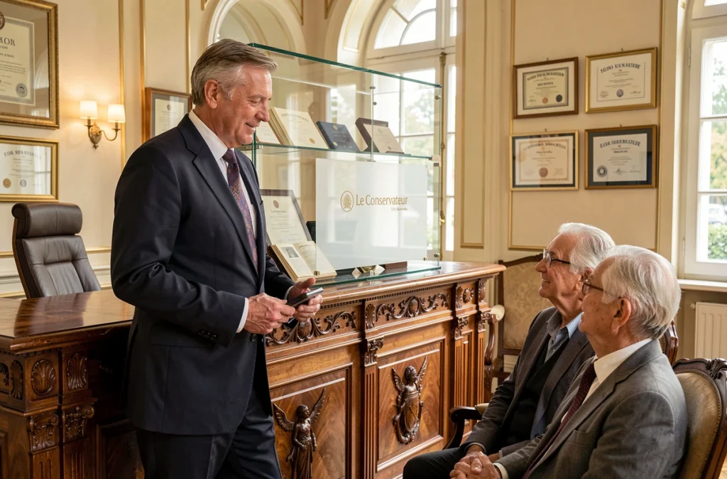 Conseiller du bureau strasbourgeois du Conservateur présentant des solutions patrimoniales à des clients retraités