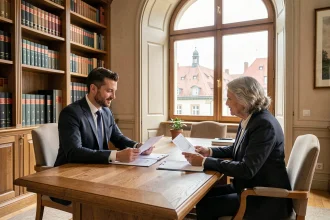 Vue d'ensemble d'un bureau de conseil en gestion de patrimoine dans le Bas-Rhin avec un conseiller et ses clients