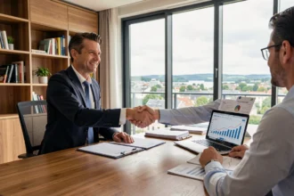Conseiller en placement et client se serrant la main dans un bureau moderne des Pays de la Loire