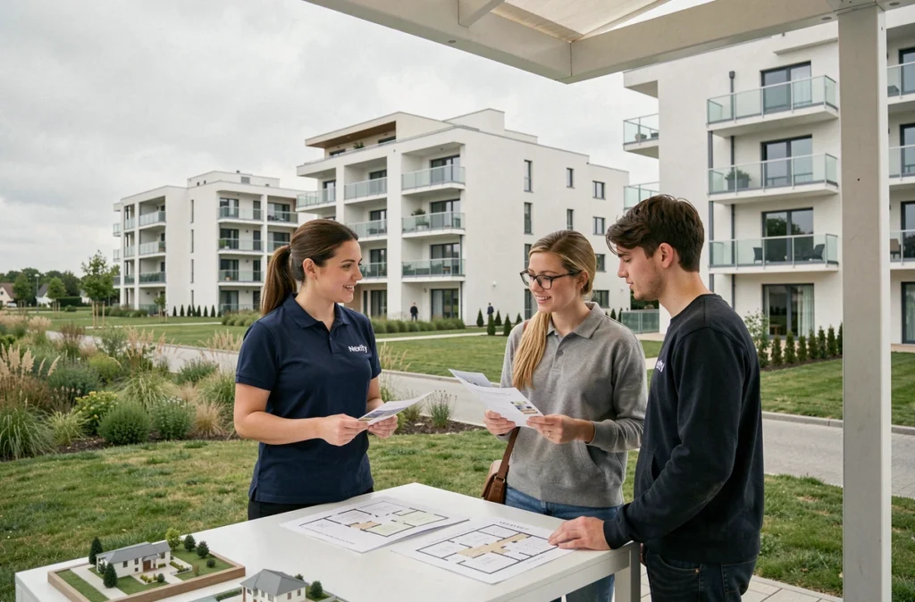 Commerciale Nexity présentant des programmes immobiliers neufs dans le Val-d'Oise à de futurs acquéreurs