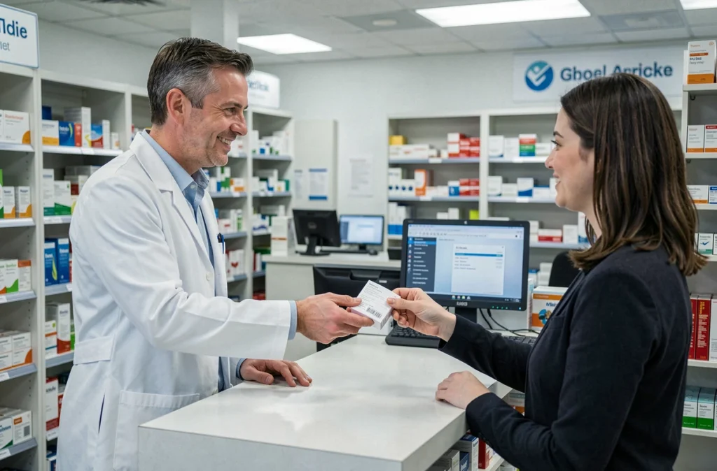 Pharmacien remettant une ordonnance remboursée par une mutuelle santé à une cliente