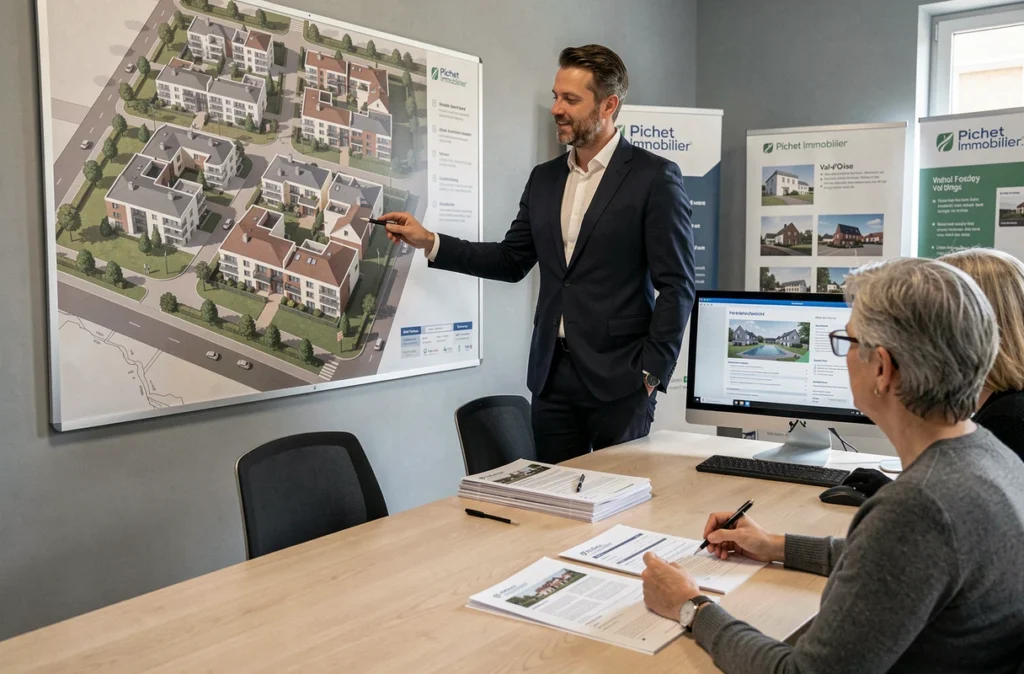 Conseiller Pichet Immobilier présentant un programme résidentiel dans le Val-d'Oise à des investisseurs