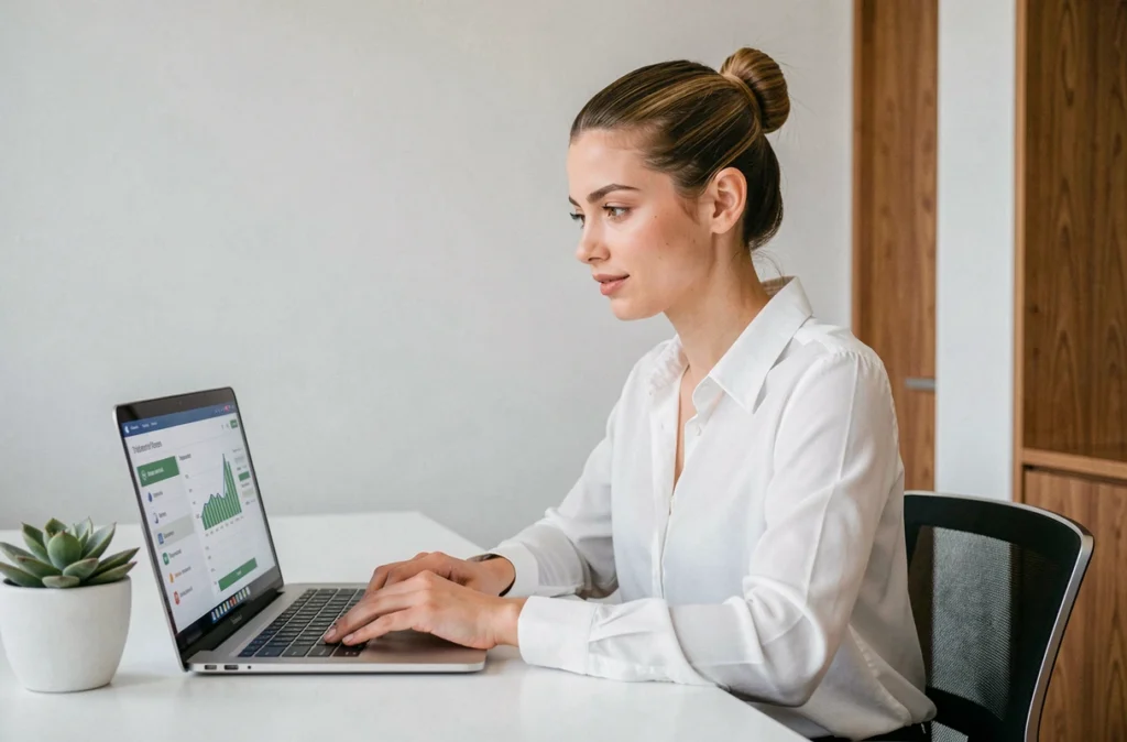 Conseillère Pretto simulant un crédit professionnel en ligne pour un entrepreneur dans un espace de travail moderne