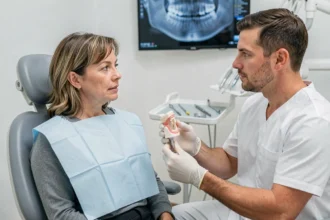 Patiente discutant du remboursement de son implant dentaire avec son dentiste dans une clinique moderne