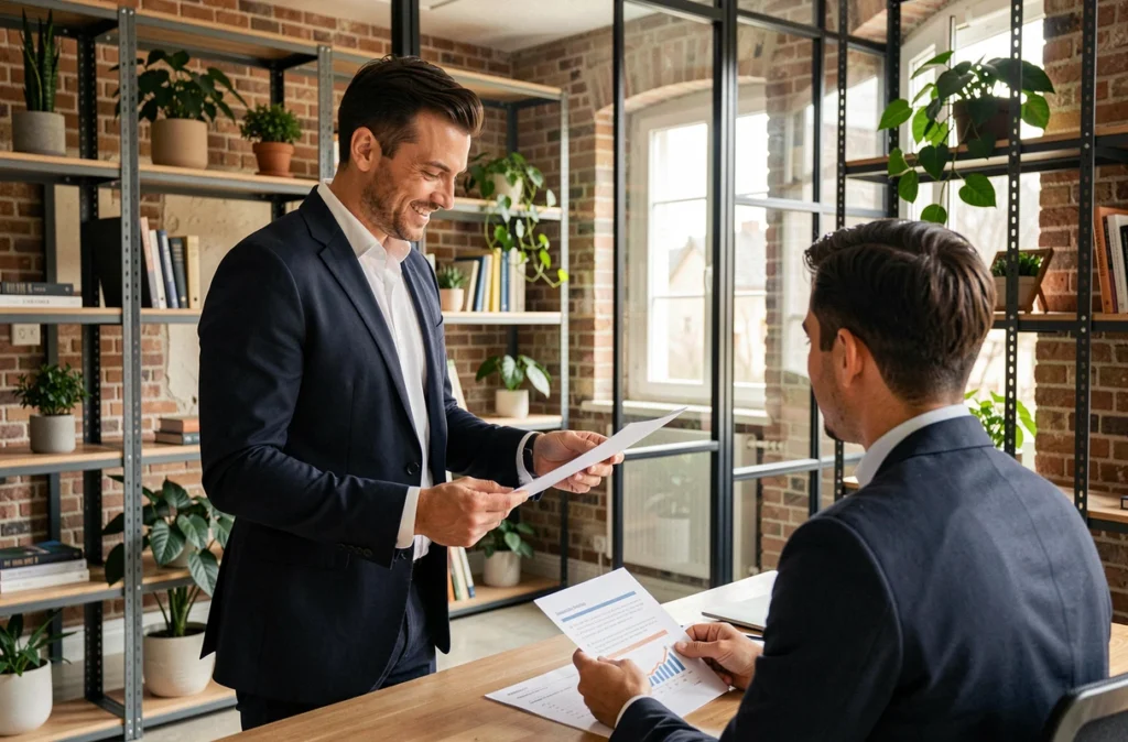 Conseiller Subvento Finance présentant une proposition de financement professionnel à un fondateur de startup