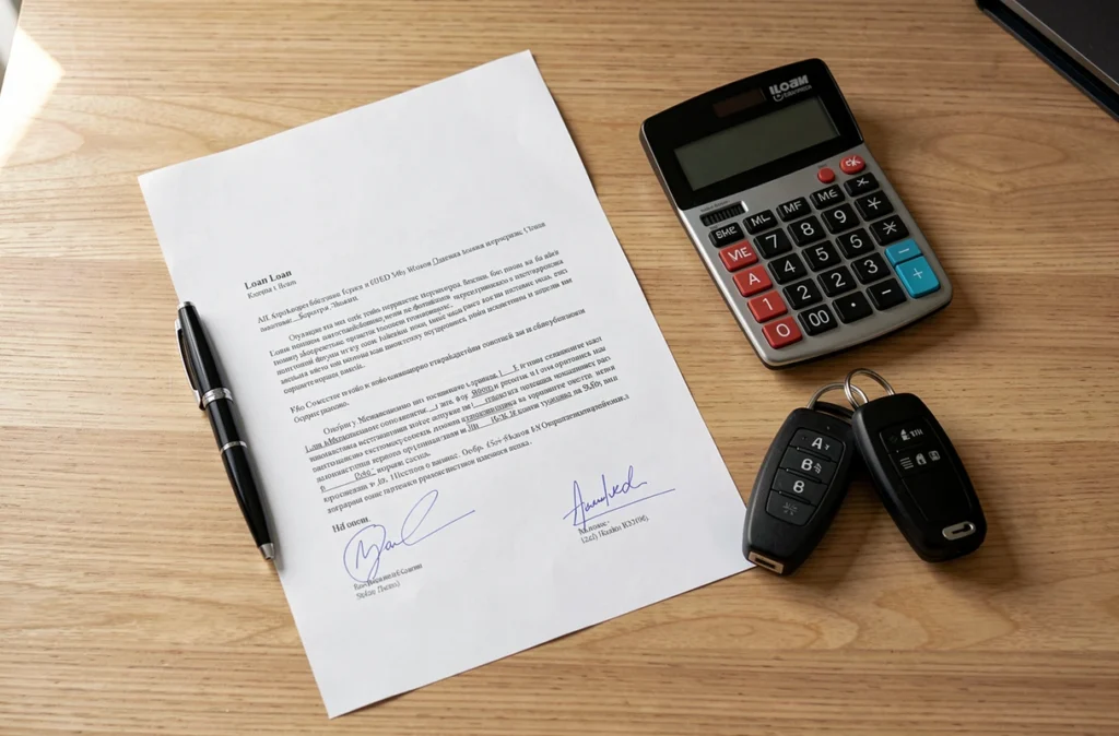 Contrat de crédit, calculatrice et clés de voiture posés sur un bureau