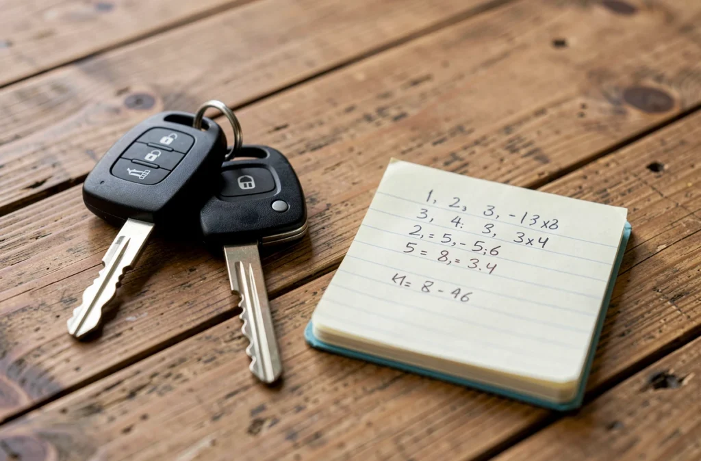 Deux jeux de clés de voiture et un carnet de calculs sur une table