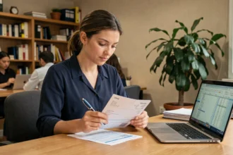 Femme consultante son bulletin de salaire au bureau, illustration du SMIC horaire brut 2026