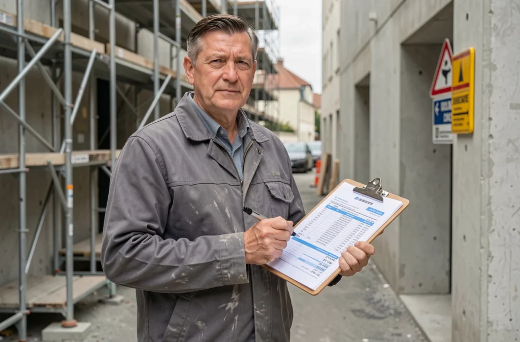 Ouvrier du bâtiment consultant ses documents de salaire sur un chantier, contexte SMIC 2026